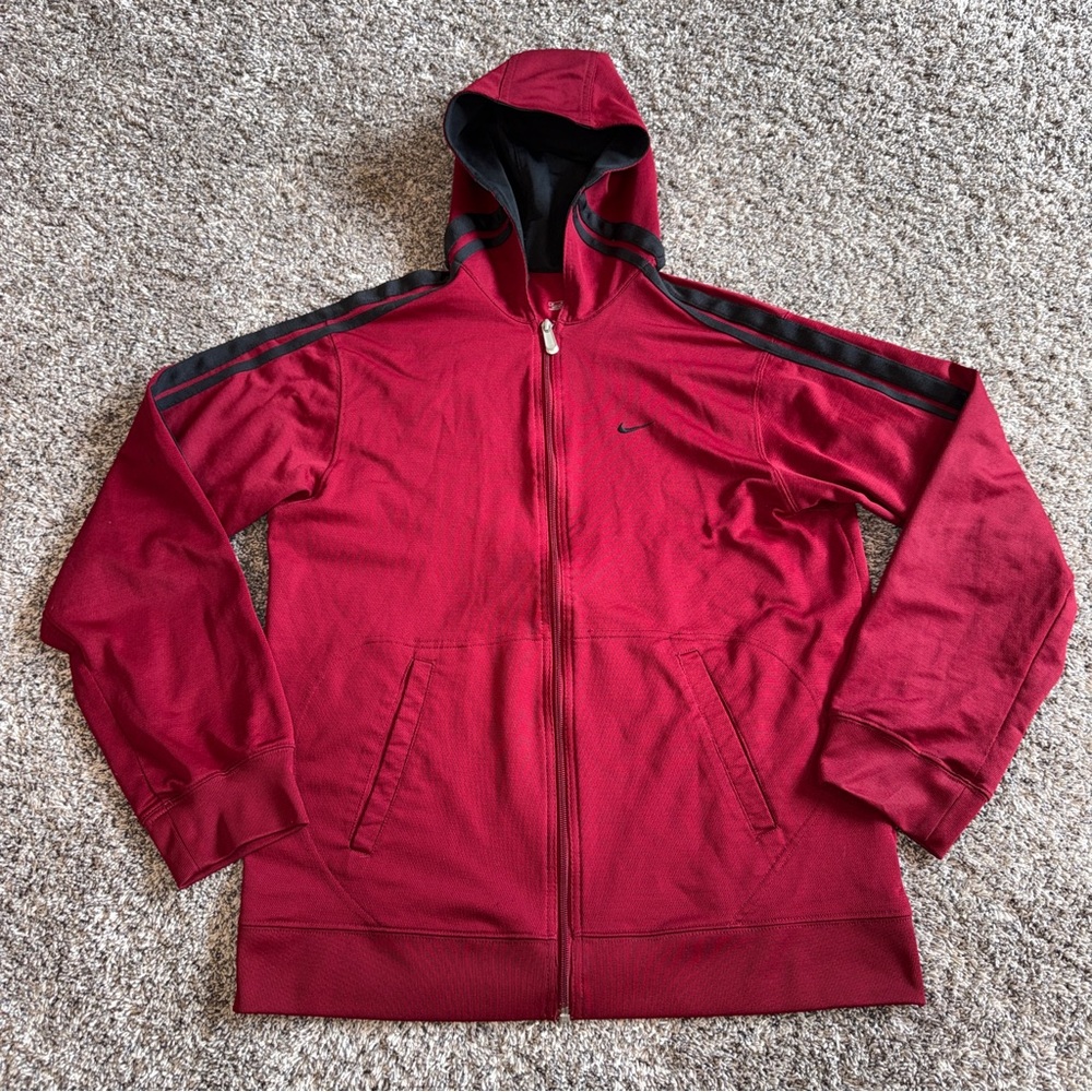 VTG Y2K Nike Track Jacket Mens Med Full Zip Red Black Stripes Long Sleeve Hooded